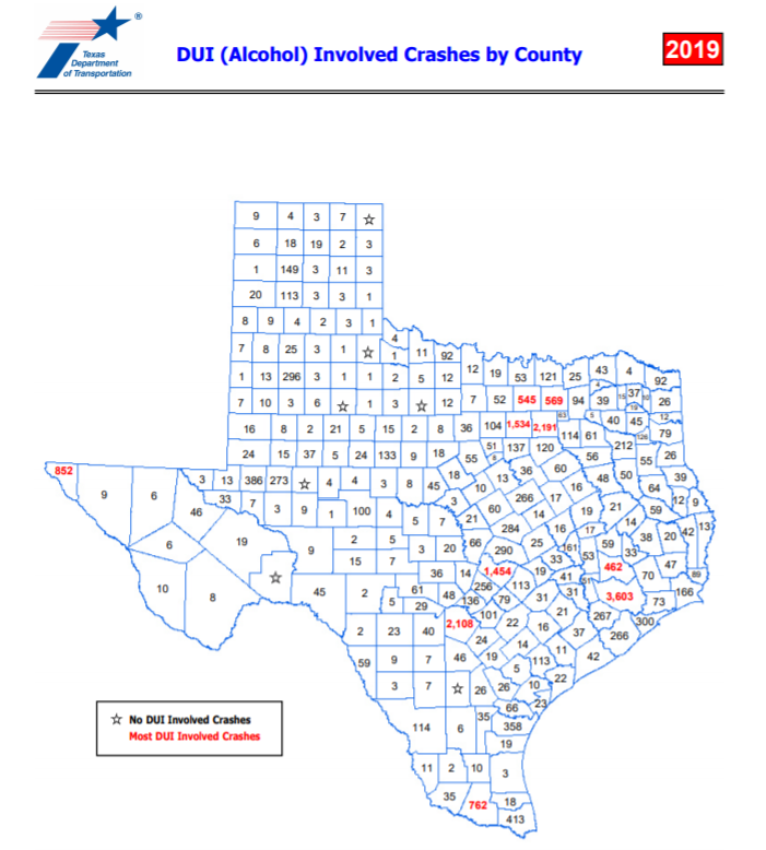 DUI (Alcohol) Involved Crashes by County in Texas (2019)