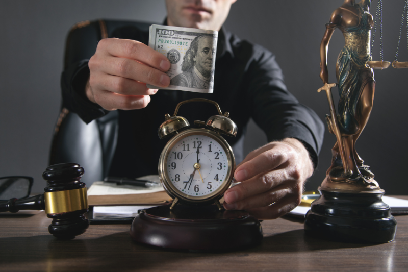 Juez masculino sosteniendo reloj y dinero en la sala del tribunal. Estatuto de limitaciones de lesiones personales en Oklahoma