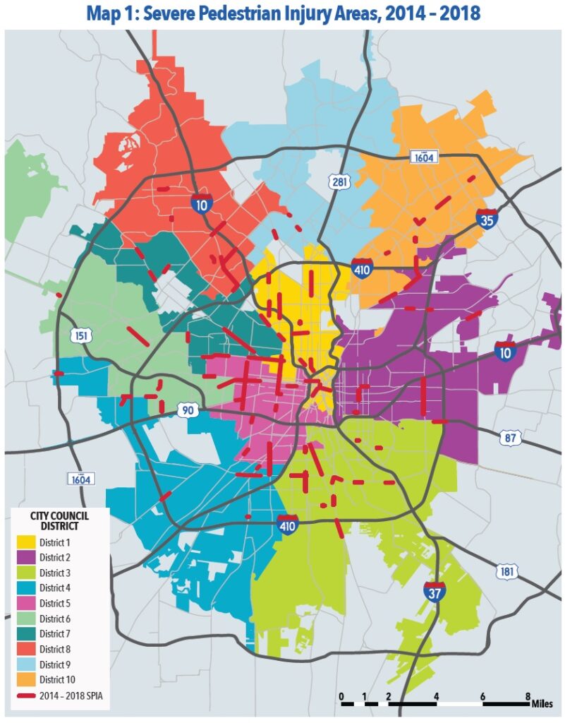 Sever pedestrian injury areas (SPIA) in San Antonio (2014-2018). San Antonio Pedestrian Accident Statistics