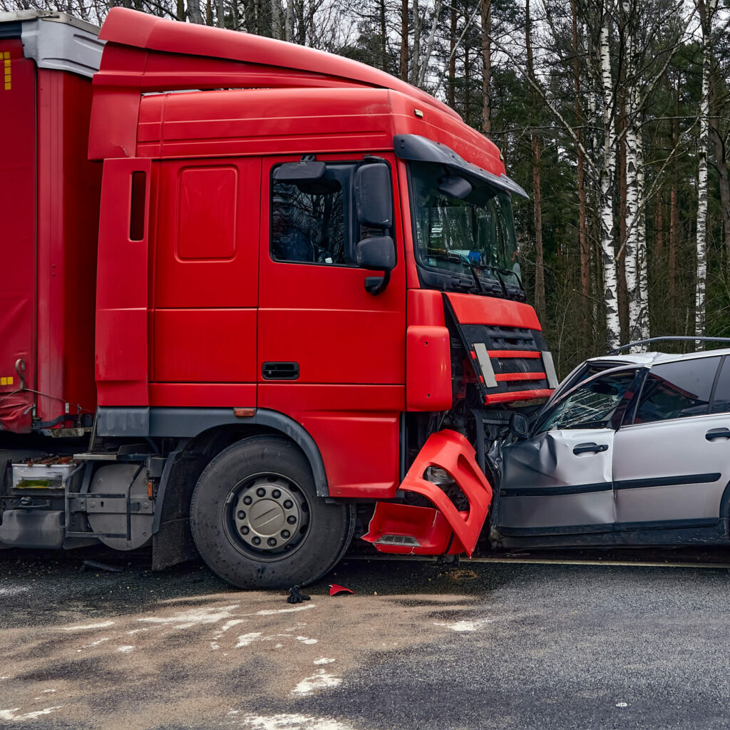 Car after a collision with a heavy truck