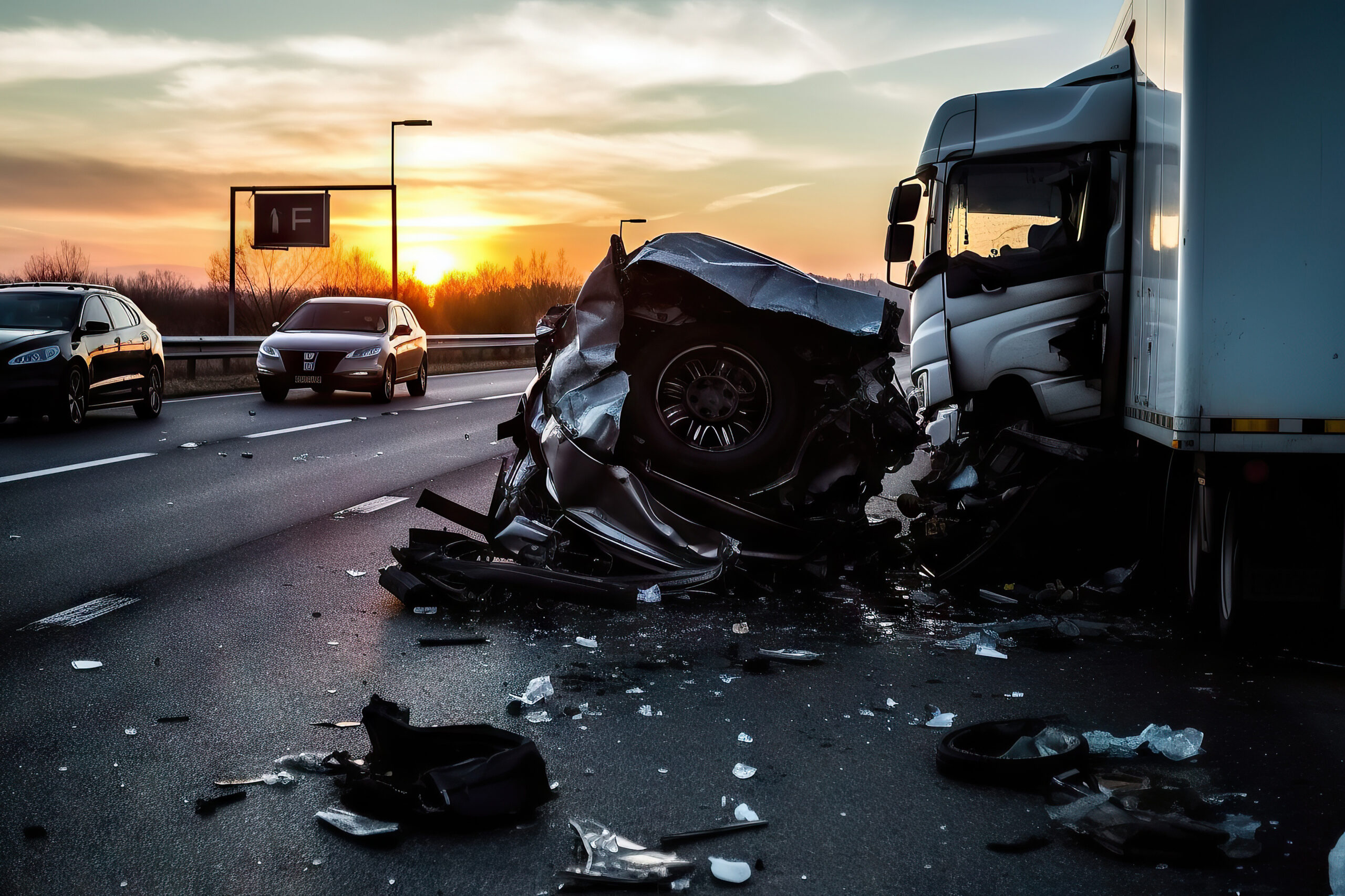 Car crash accident with TIR truck on road. Generative AI.