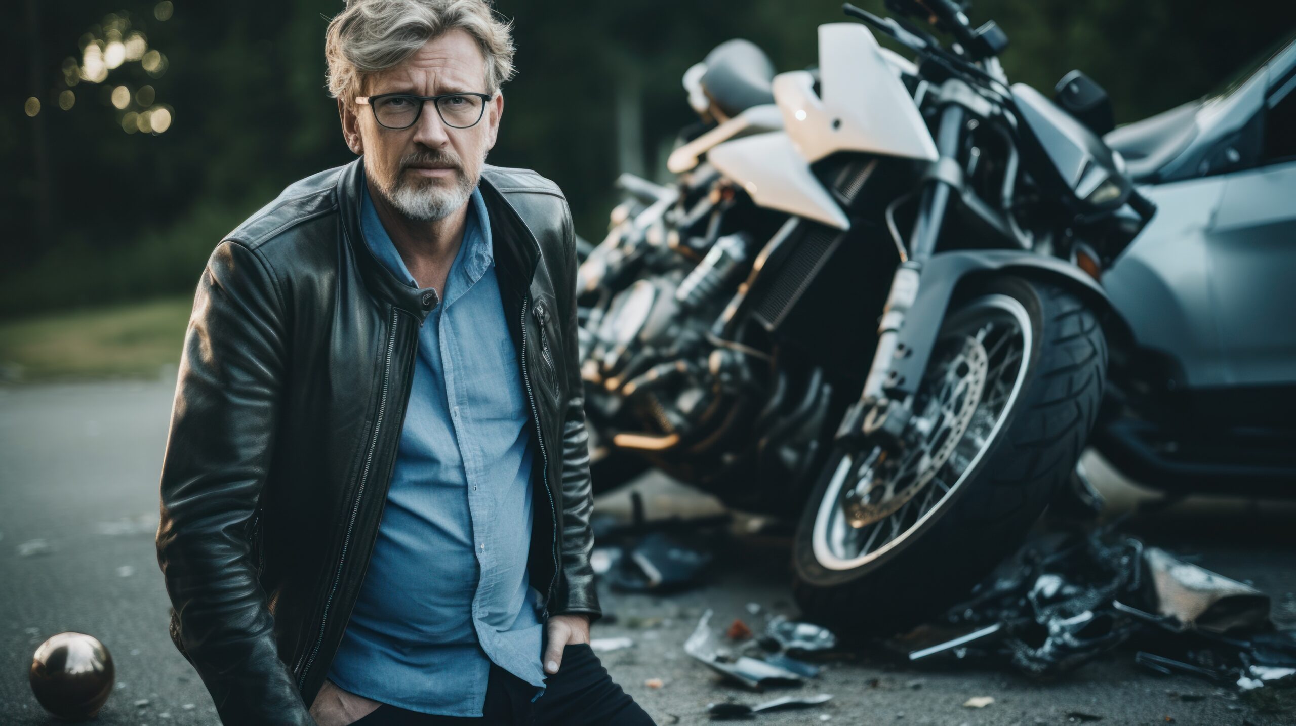 Road accident. Handsome young man and a broken motorcycle. Allen Motorcycle Accident Lawyers