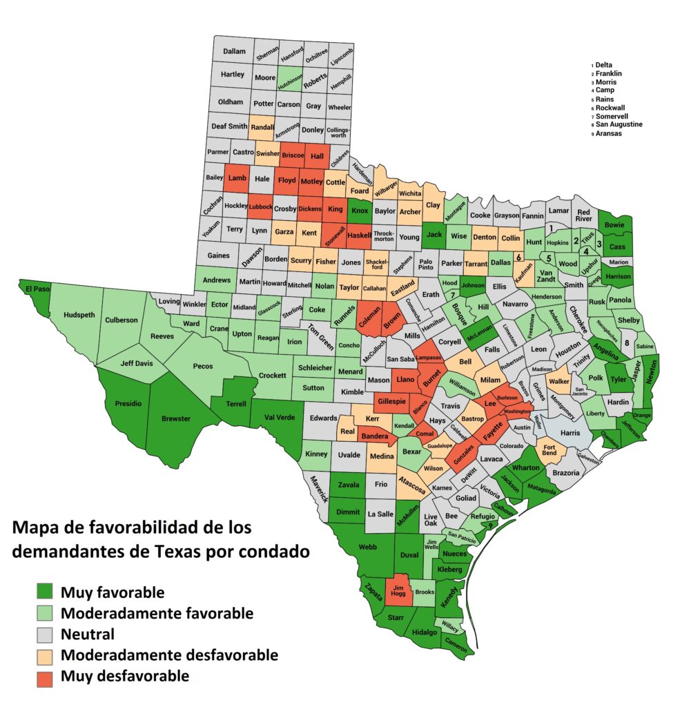 Mapa de favorabilidad de Texas por condado: áreas favorables para los demandantes en Texas para demandas