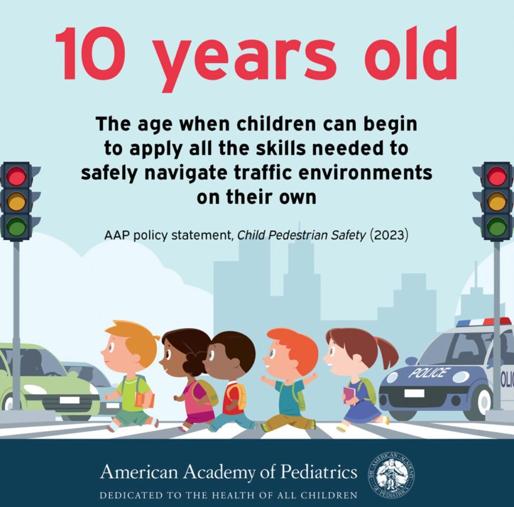 American Academy of Pediatricians (AAP) - The age when children can begin to apply all the skills needed to safely navigate traffic environments on their own