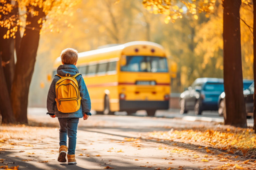 Little boy walking towards yellow school bus. Education and learning in school. What Age Can Kids Legally Walk to School Alone in the United States? Guide to all 50 states